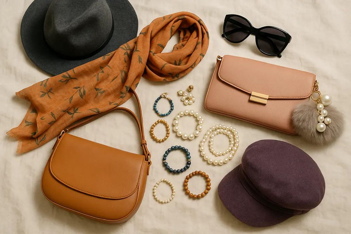 Assortment of fashion accessories including a wallet, belt, watch and sunglasses