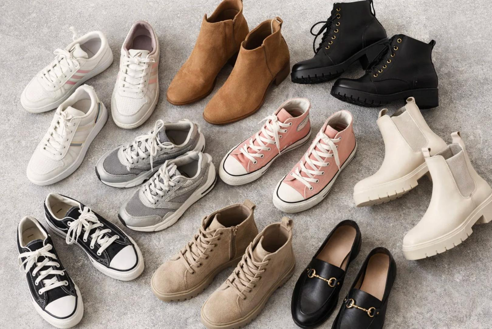 Assortment of footwear including shoes, boots and sneakers