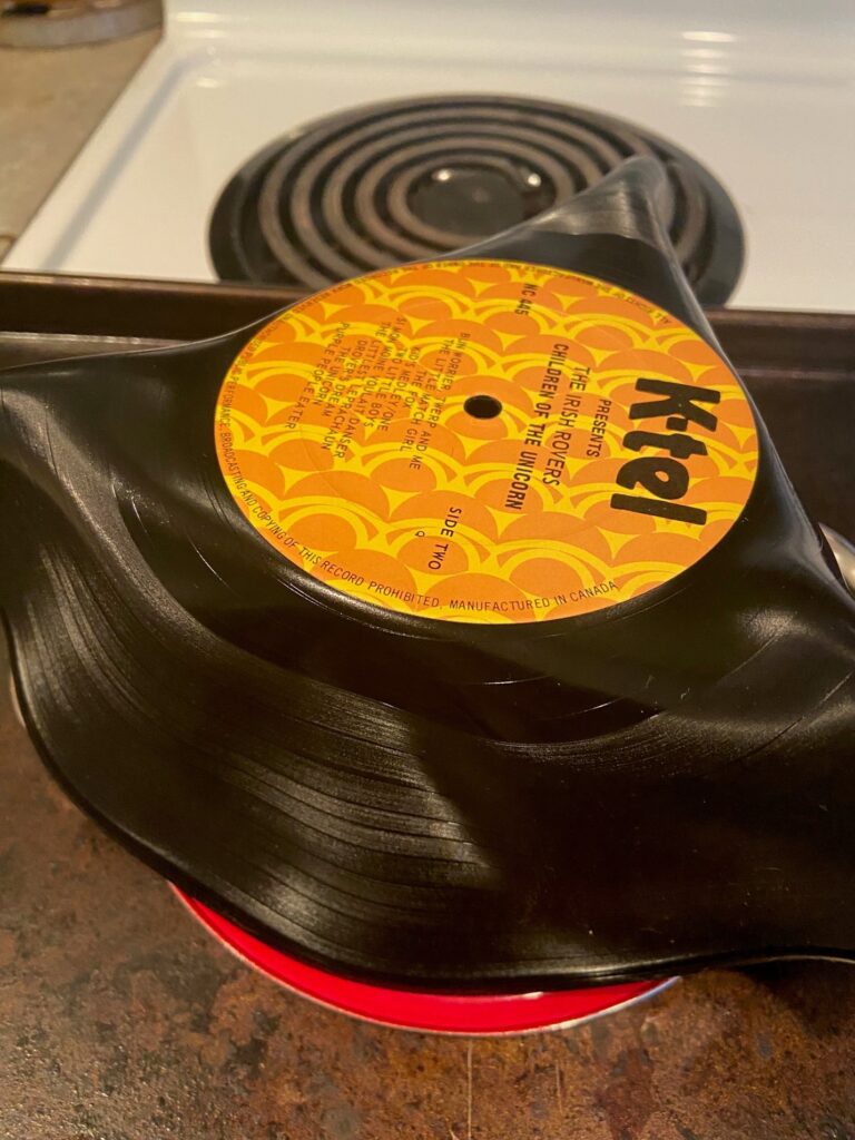 Thrifted melted vinyl record out of oven