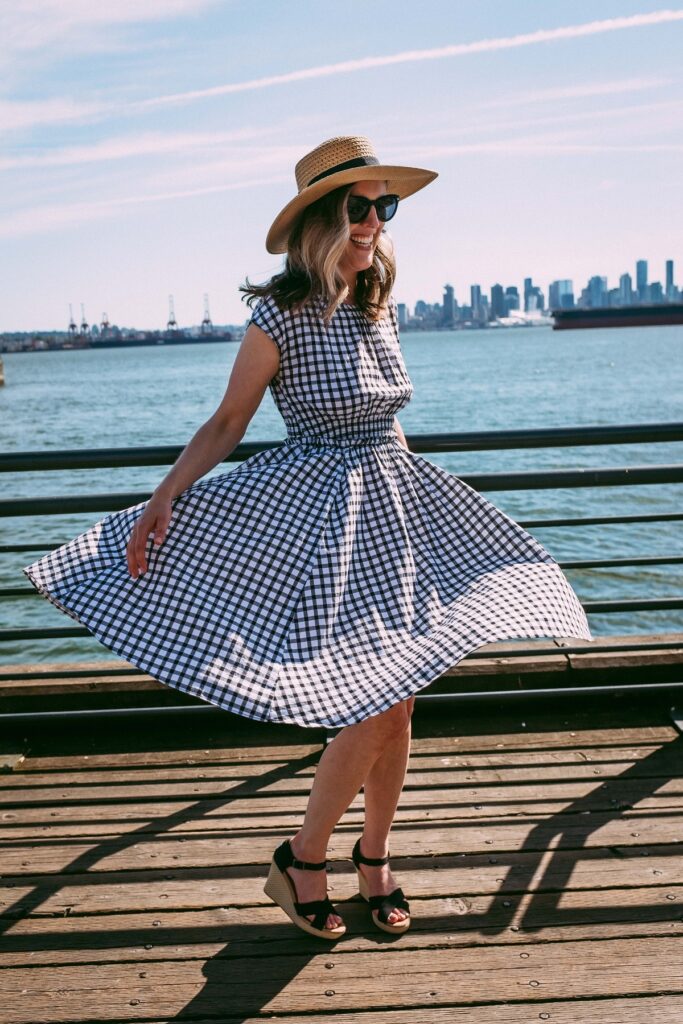 Thrifted sun hat, gingham dress and sandals from The Salvation Army Thrift Store in North Vancouver, British Columbia