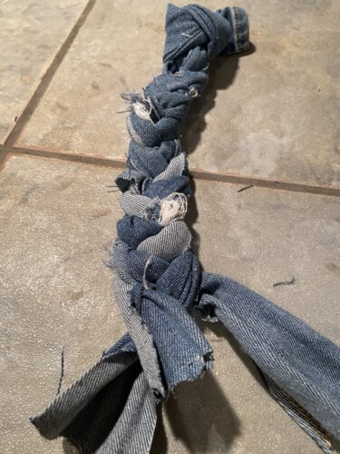Denim jean strips tightly braided together