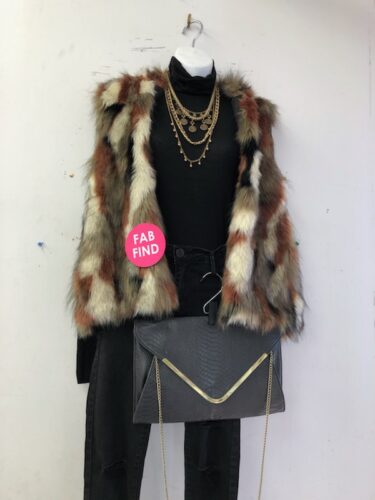 Faux fut vest with layered necklaces and black purse - Affordable & sustainable holiday outfits with style guide