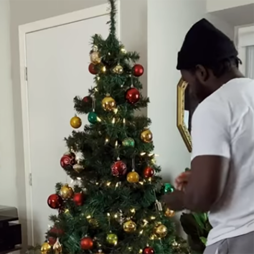 Content collaborator David decorating his Christmas tree with thrifted ornaments