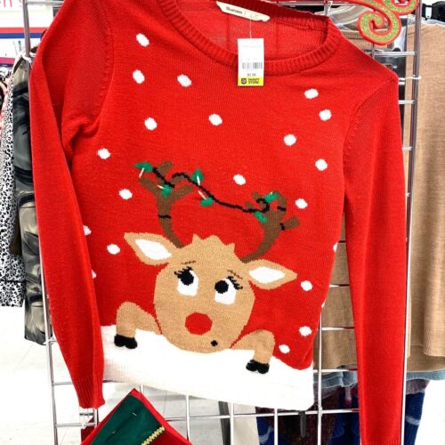 Rudolph's face sweater - Affordable & sustainable holiday sweaters with style guide