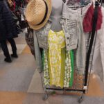 yellow and green summer dress with denim jacket layered overtop as clothing outfit thriftspiration