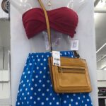 beach clothing summer outfit with red bandeau top and blue polka dot shorts