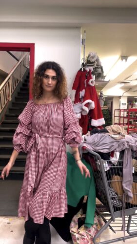 Come Thrift With Me for Holiday Gifts & Outfits - Camille wearing red and white plaid dress
