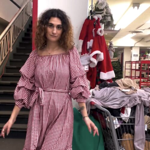 Come Thrift With Me for Holiday Gifts & Outfits - Camille wearing red and white plaid dress