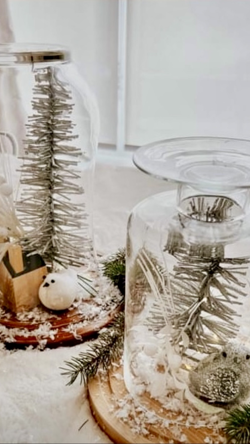 Thrifted holiday birds trees and houses in DIY décor - final look