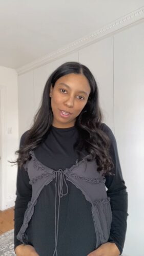 Nicole wearing thrifted Zara blouse | maternity try-on haul