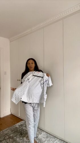 Nicole wearing thrifted PJ set | maternity try-on haul