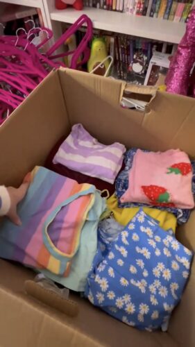Clutter-Free February: Collaborator Jade with a box full of clothing to donate