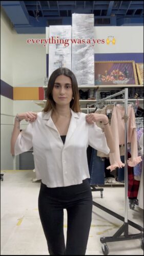 Pre-loved Pieces #Thrifted #Tryon Haul for #ValentinesDay | Camille trying on white blouse with black dress pants