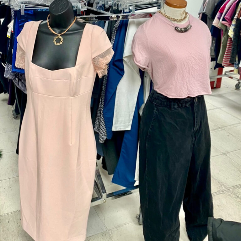Pastel pink men's and women's spring fashion outfits on mannequins