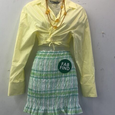 Yellow Wrap Around Top with Green Flowy Short Skirt 2
