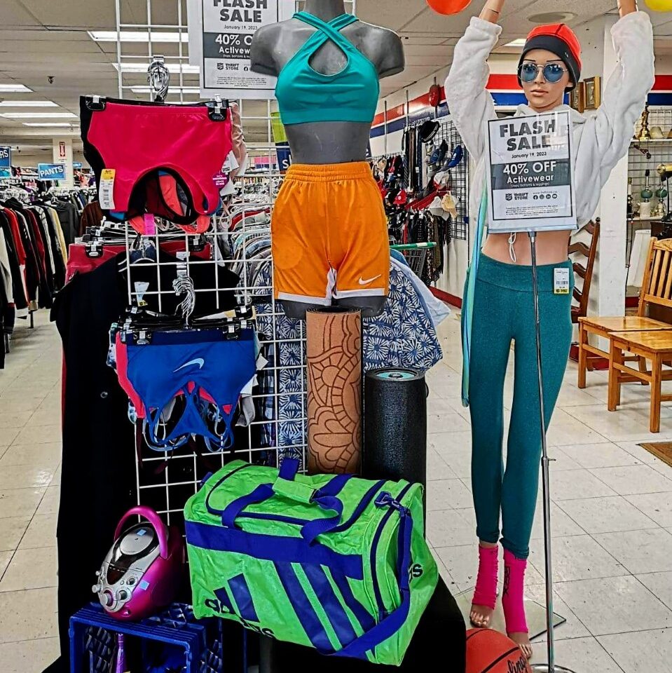 Athleisure spring fashion trend products on display in the Thrift Store