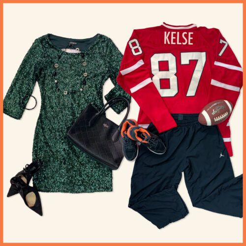 Women's dress and high heels with football jersey and football