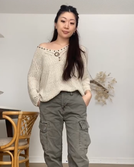 Anna in crochet top and cargos