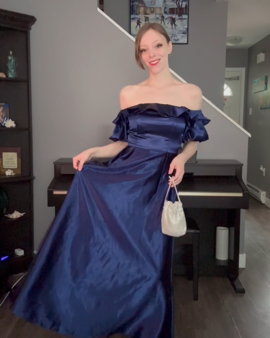 Jade in fancy dark blue dress