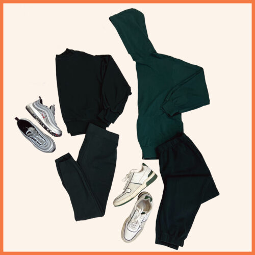 green hoodie, green track pants and white sneakers. Another outfit with green long sleeve, green leggings, grey sneakers.