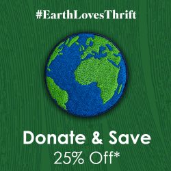 Patch with globe with the words "Donate and save 25% off" underneath