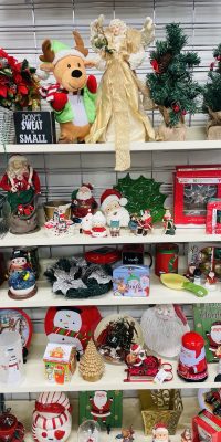 Christmas and holiday decorations and décor on a shelf at the Thrift Store