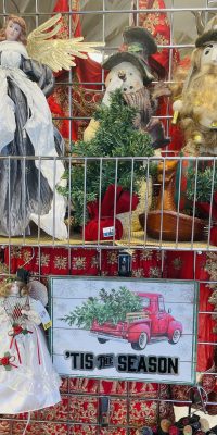 Christmas and holiday decorations and décor on a shelf at the Thrift Store