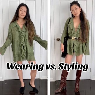 Young woman wearing a thrifted green shirt two ways