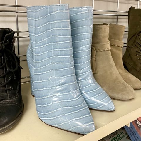 Pastel blue snake print boots with spring fashion trends