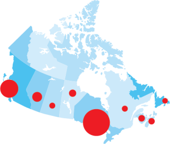 Locations of Thrift Store and Donor Welcome Centres of The Salvation Army Thrift Store depicted on a map of Canada.